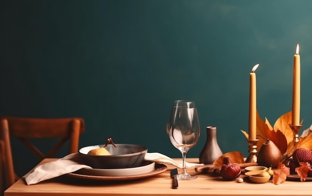 Une table avec une bougie et une assiette de nourriture dessus