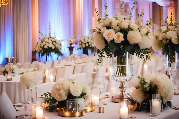 Une table avec une bougie et des fleurs et des bougies dessus