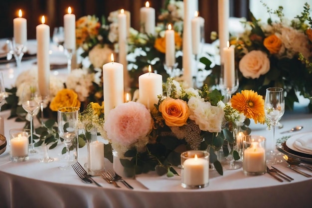 une table avec une bougie et des fleurs et des bougies