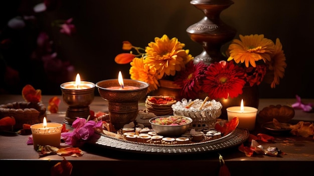 Une table avec une bougie et des fleurs dessus