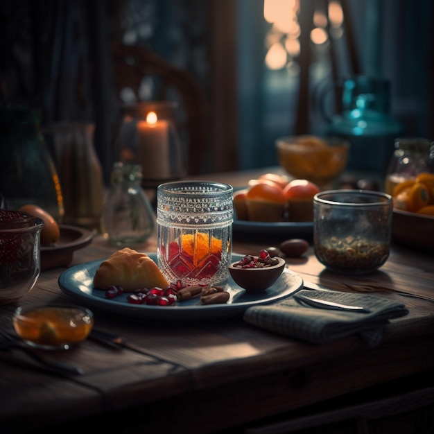 Une table avec une bougie et un verre de jus d'orange dessus