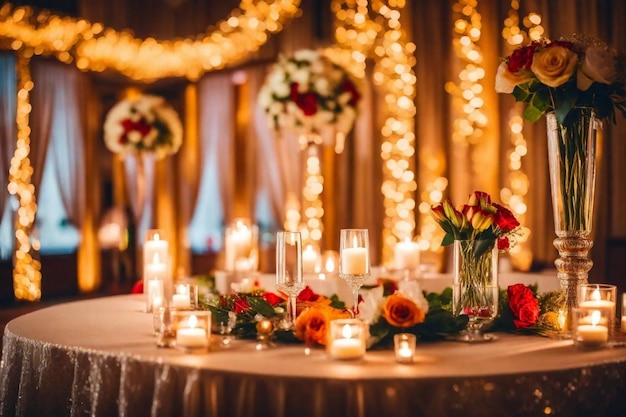 une table avec des bougies et des fleurs et des bougias dessus