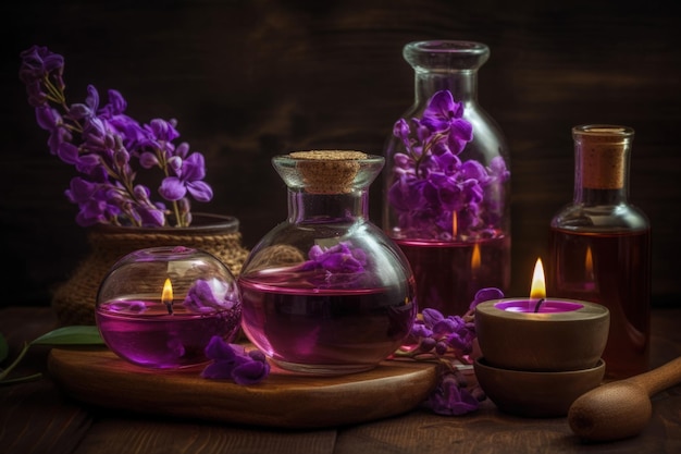 Une table avec des bougies et des fleurs violettes Generative AI