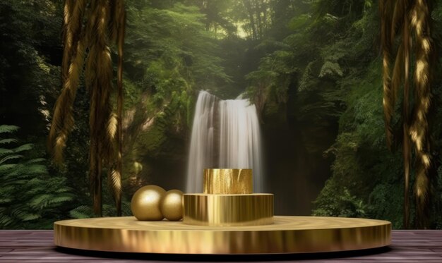 Une table avec des boules d'or et une cascade en arrière-plan
