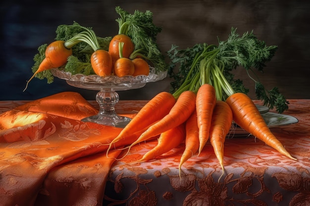 Une table avec un bouquet de carottes et un bol en verre avec un bouquet de carottes dessus.