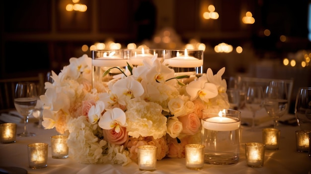 Une table avec un bouquet de fleurs et des bougies