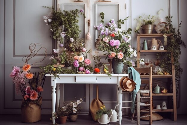 Une table avec un bouquet de fleurs dessus et une fenêtre derrière