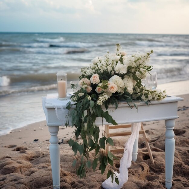 Une table avec un bouquet de fleurs dessus