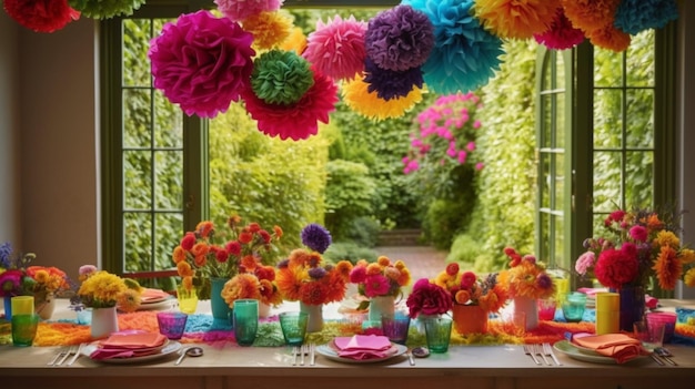 Photo une table avec un bouquet de fleurs en papier colorées suspendues au plafond