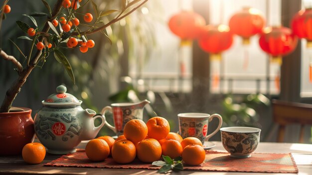 Photo une table avec un bouquet d'oranges et une théière