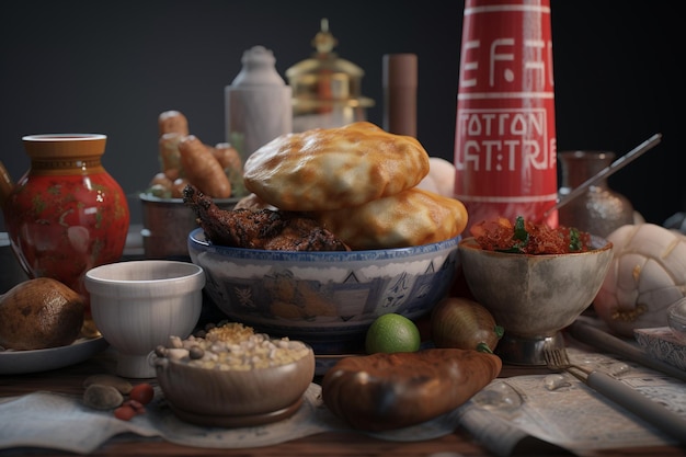 Une table avec une bouteille de fours à coton et un bol de nourriture