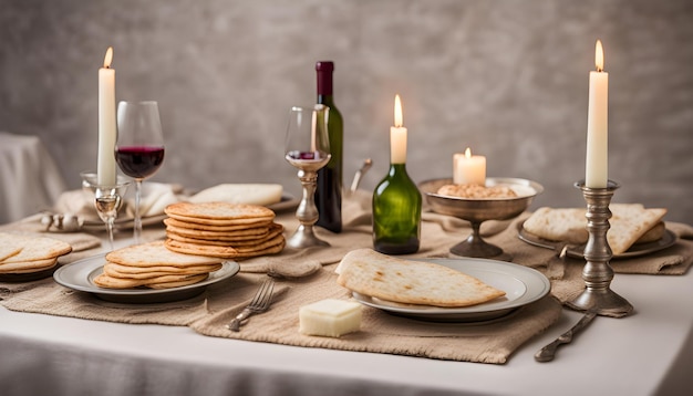 une table avec une bouteille de vin et du pain dessus