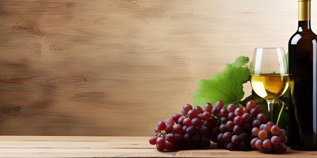 Photo table avec une bouteille de vin et un espace de copie de raisin