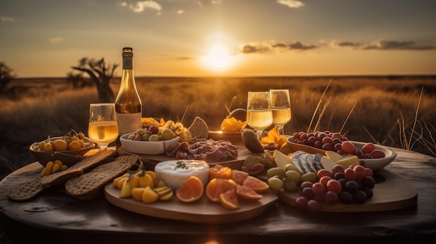 Une table avec une bouteille de vin et de fromage avec un coucher de soleil en arrière-plan.