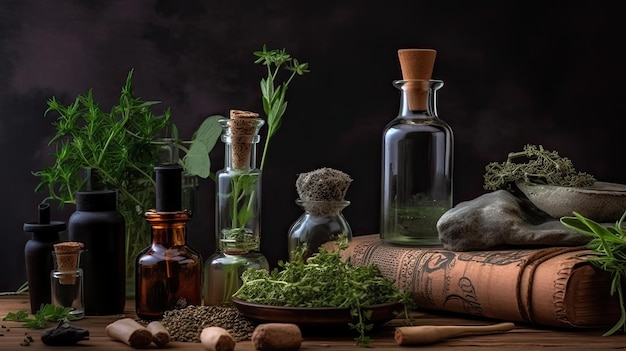 Une table avec des bouteilles d'herbes et d'épices dessus