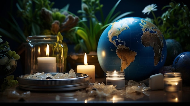 Table avec des bouteilles variées et un globe