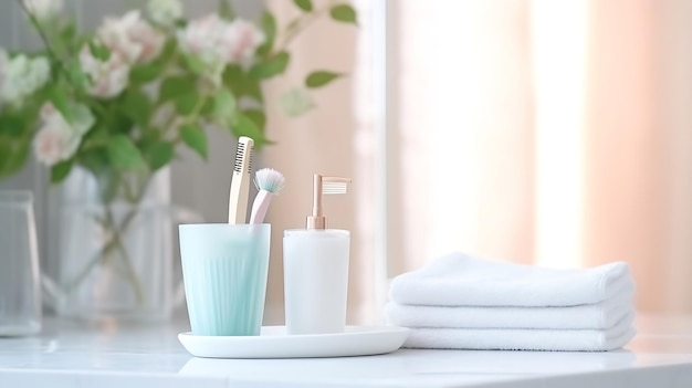 Table avec des brosses à dents et du savon à l'intérieur d'une salle de bain défoulée lumineuse IA générative