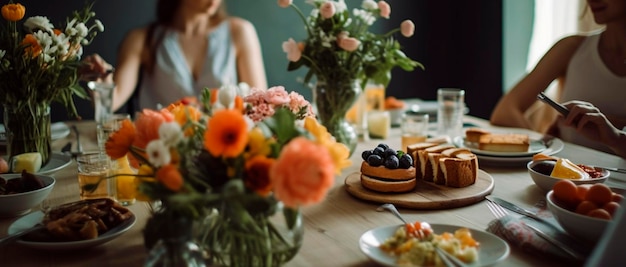 Table de brunch avec fleurs et femme en arrière-plan soft focus Generative AI