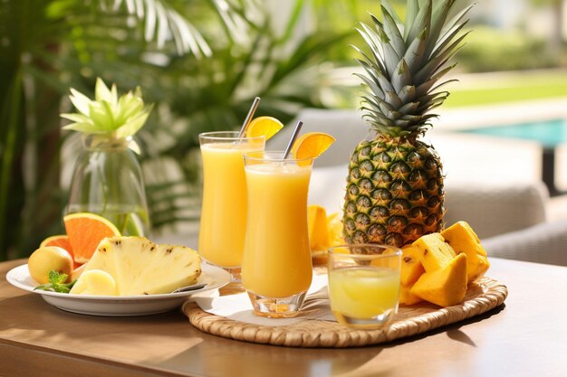 Une table de brunch à thème tropical avec des verres de jus d'ananas