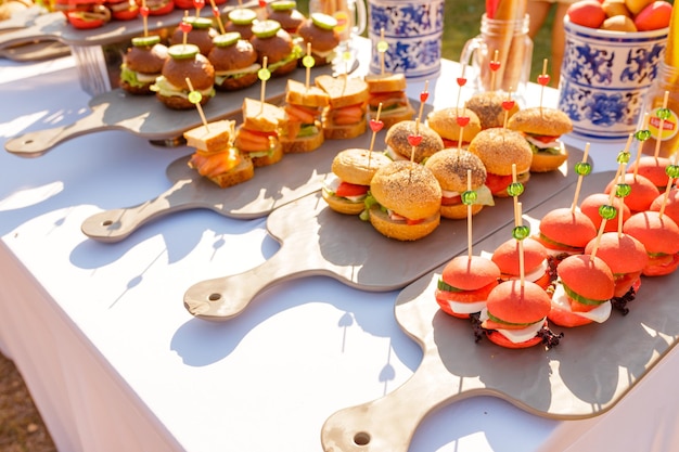 Table de buffet avec apéritif et fruits décorés en plein air en journée ensoleillée d'été