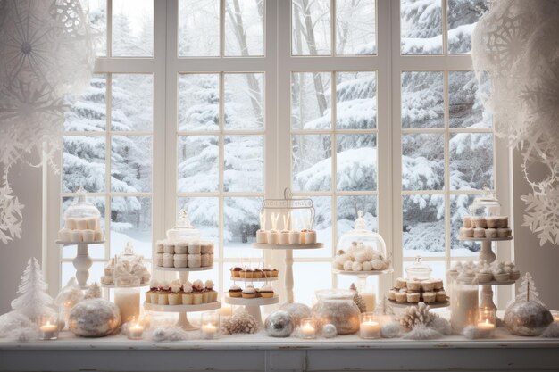 une table de buffet de dessert lumineuse et aérée avec un gâteau