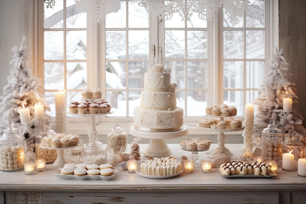 une table de buffet de dessert lumineuse et aérée avec un gâteau