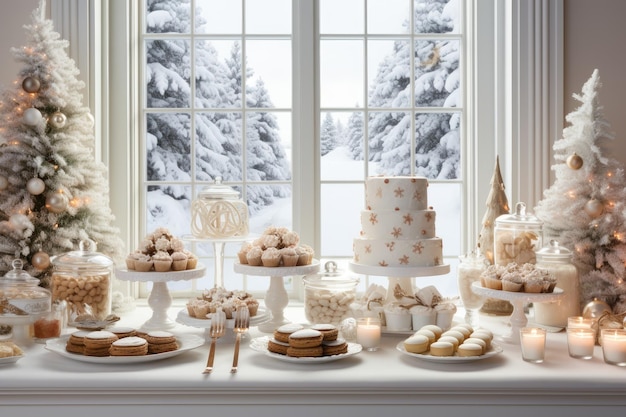 une table de buffet de dessert lumineuse et aérée avec un gâteau