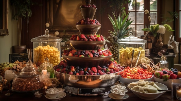 Une table de buffet avec des fruits et des fromages dessus