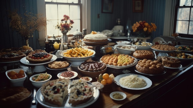 Une table de buffet avec de nombreux plats, y compris de la nourriture et une table avec une fenêtre derrière.