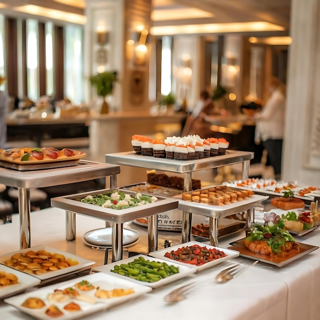 Une table buffet remplie de nourriture dans un hôtel de luxe