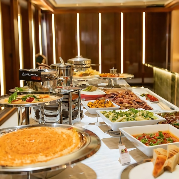 Une table buffet remplie de nourriture dans un hôtel de luxe