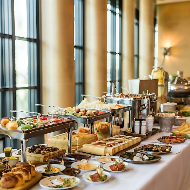 Une table buffet remplie de nourriture dans un hôtel de luxe