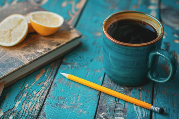 Photo table de bureau à angle élevé avec notebook à crayon, tasse à café, espace sur le côté gauche