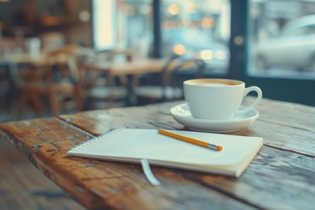 Table de bureau à angle élevé avec notebook à crayon, tasse à café, espace sur le côté gauche