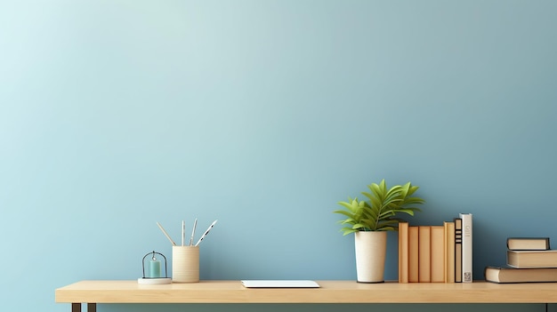 Table de bureau beige avec fournitures de bureau espace de travail sur le mur bleu