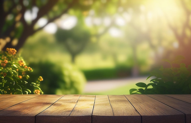 Table de bureau en bois vide abstraite avec espace de copie sur l'affichage d'arrière-plan flou de printemps et d'été pour le montage de produit