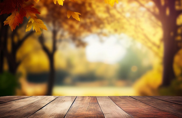 Table de bureau en bois vide abstraite avec espace de copie sur les arbres d'automne affichage d'arrière-plan flou