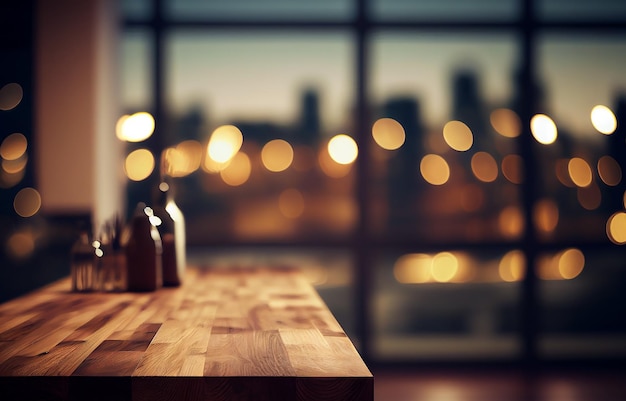 Table de bureau en bois vide abstraite avec espace de copie sur la salle moderne intérieure avec affichage d'arrière-plan flou pour le montage du produit