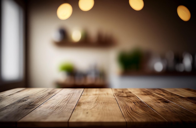 Photo table de bureau en bois vide abstraite avec espace de copie sur la salle moderne intérieure avec affichage d'arrière-plan flou pour le montage du produit