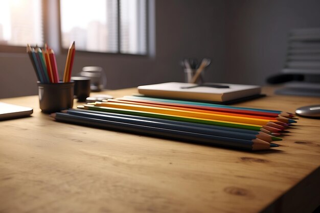 Table de bureau avec des crayons