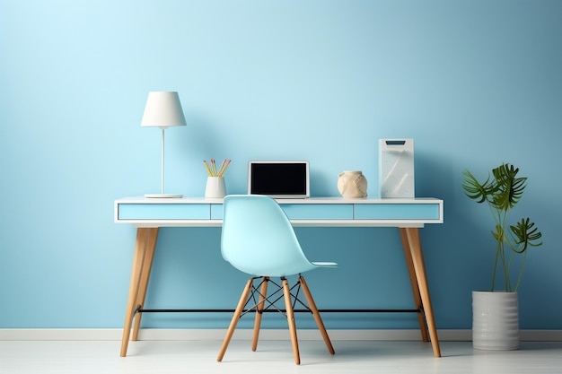 Table de bureau minimaliste dans un monochrome bleu pastel serein Generative Ai