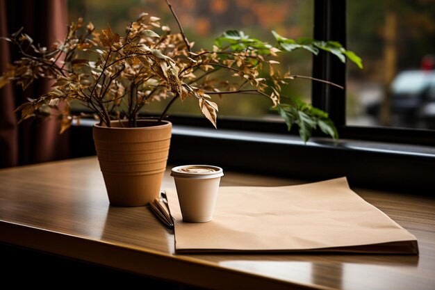 Table de bureau avec une tasse de café