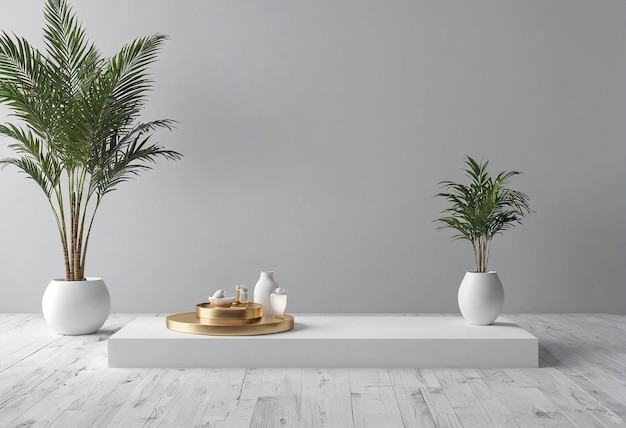 une table à café blanche avec deux pots et une plante