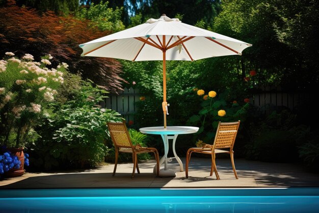 Table de café avec chaise et parapluie dans le jardin