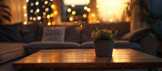 La table à café est vide le soir sur un fond flou avec de l'espace pour le texte