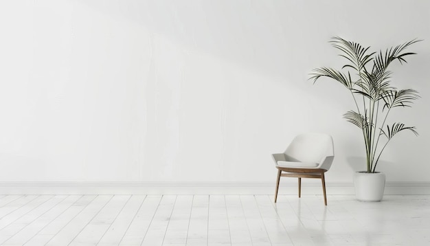 Une table à café minimaliste sur un sol blanc ouvert ornée d'une seule plante
