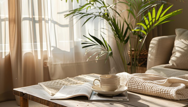 Table à café avec une tasse de magazines de thé et une plante d'intérieur près du fauteuil dans le salon