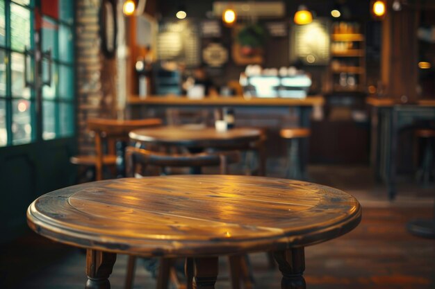 Table à café vide sur fond de café défocalisé avec espace de copie