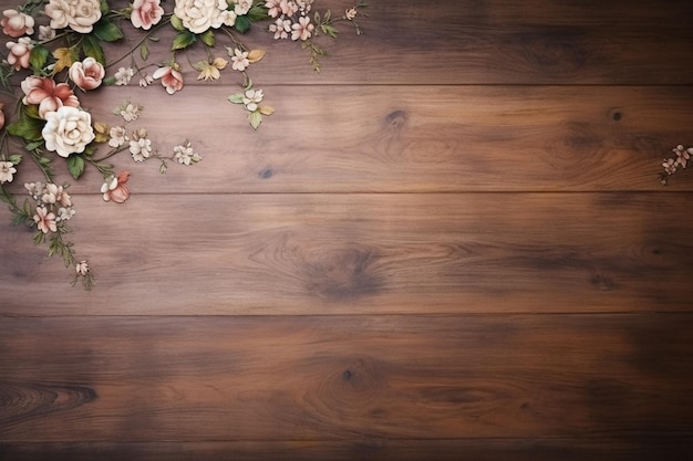 Table de campagne en bois antique avec fleurs et texture bois design floral et idée de fond rustique flatlay