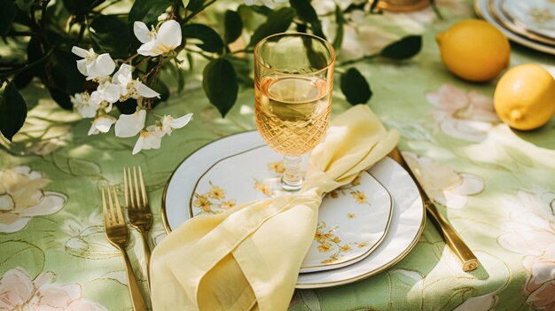 Table de célébration de mariage ou de dîner formel avec des citrons et des fleurs dans le jardin de la campagne anglaise